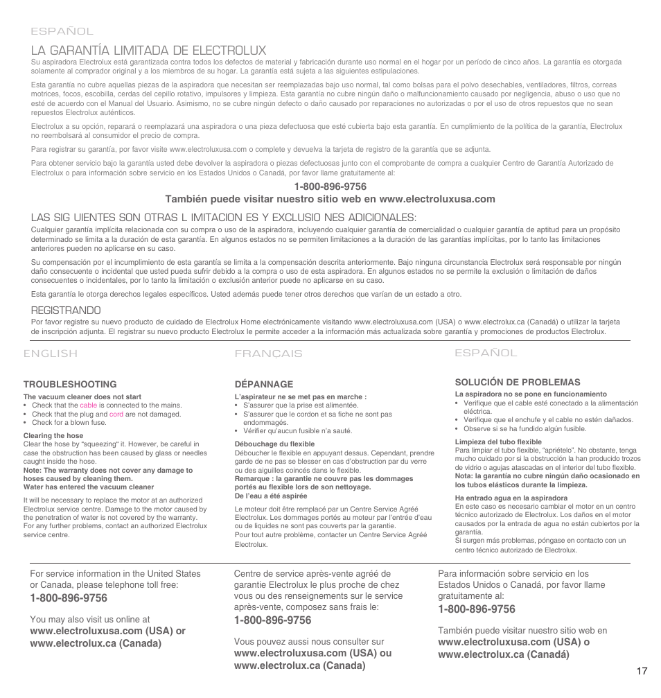 La garantía limitada de electrolux | Electrolux EL4650A User Manual | Page 17 / 18