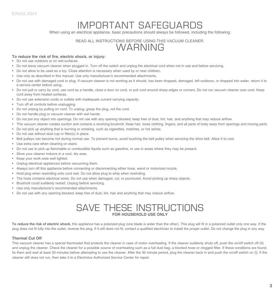 Important safeguards, Warning, Save these instructions | Electrolux EL4650A User Manual | Page 3 / 18