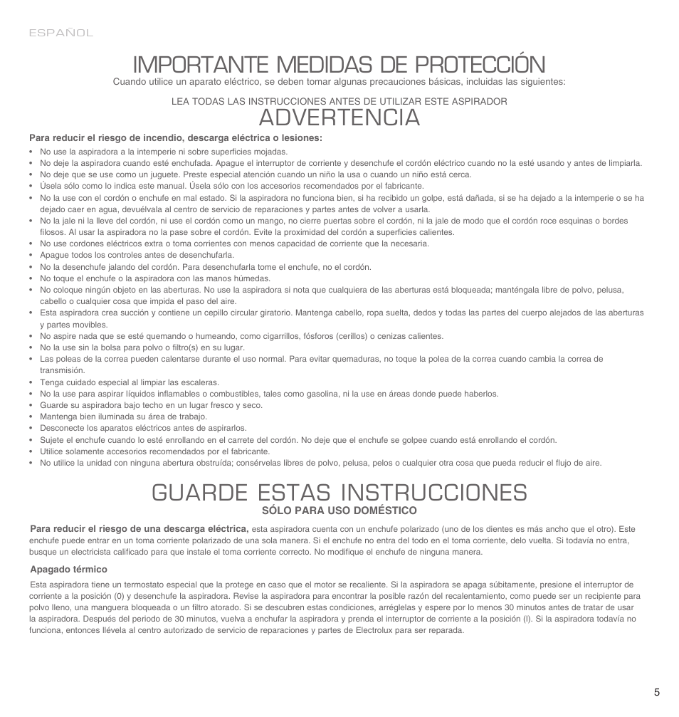 Importante medidas de protección, Advertencia, Guarde estas instrucciones | Electrolux EL4650A User Manual | Page 5 / 18