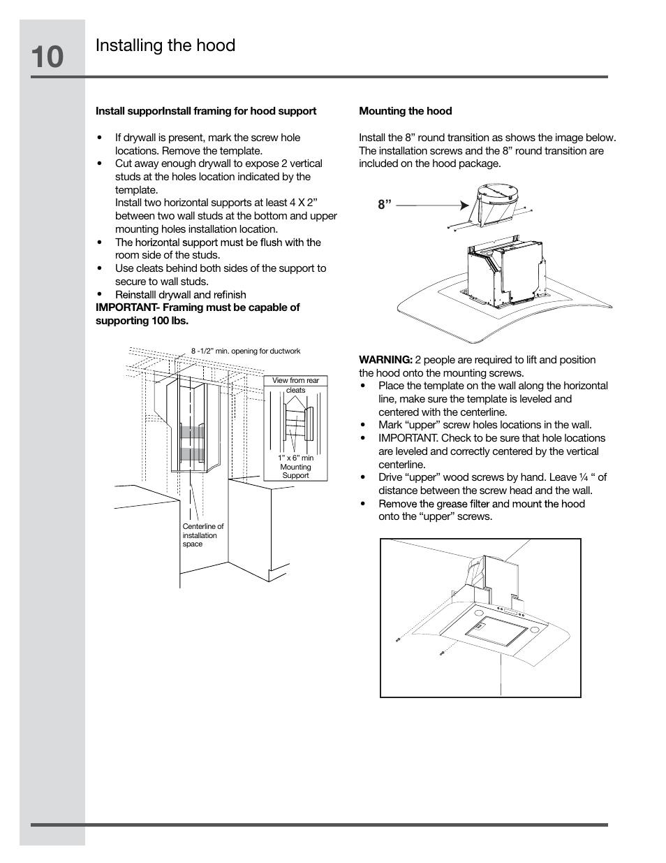 Installing the hood | Electrolux RH30WC60GS User Manual | Page 10 / 22
