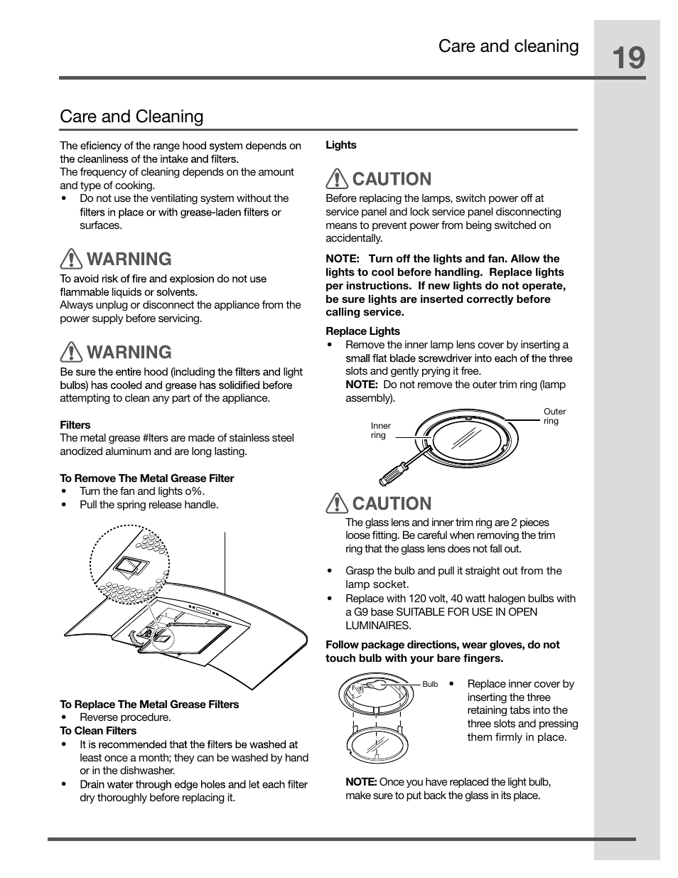 Care and cleaning care and cleaning | Electrolux RH30WC60GS User Manual | Page 19 / 22