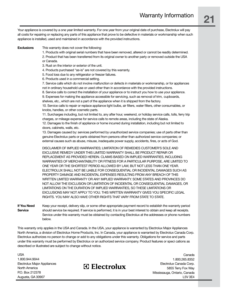 Warranty information | Electrolux RH30WC60GS User Manual | Page 21 / 22