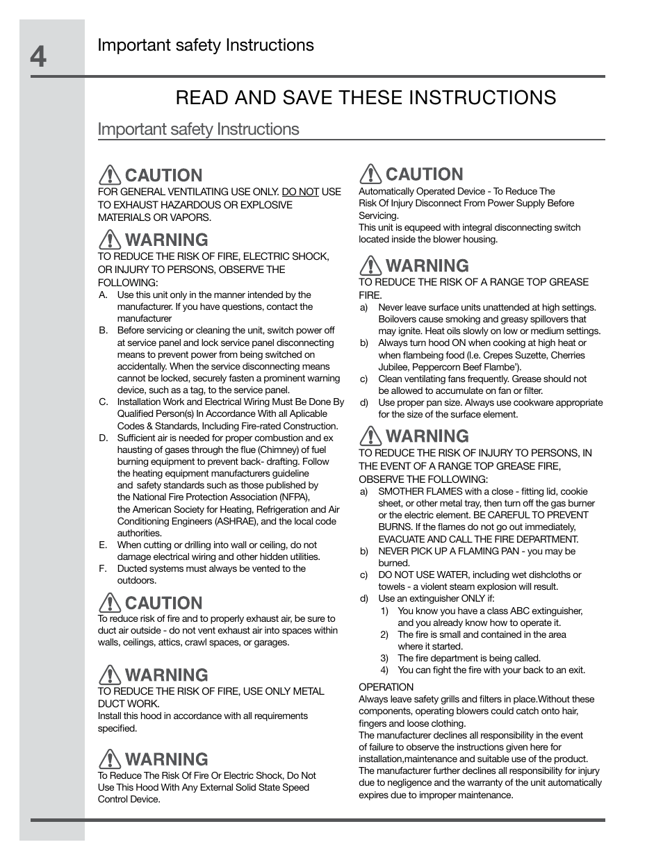 Read and save these instructions, Important safety instructions | Electrolux RH30WC60GS User Manual | Page 4 / 22