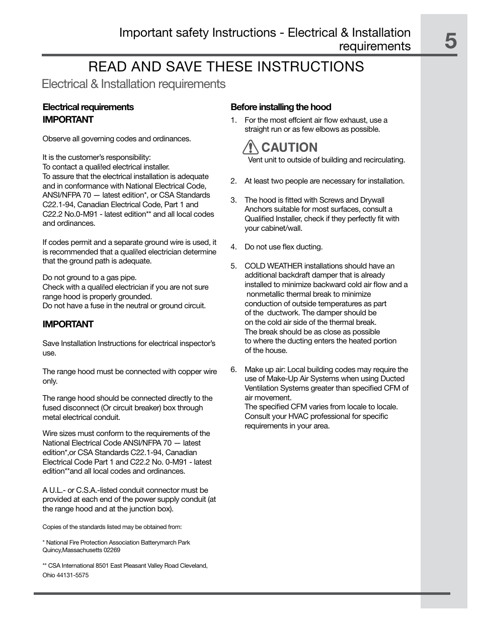Read and save these instructions, Electrical & installation requirements | Electrolux RH30WC60GS User Manual | Page 5 / 22
