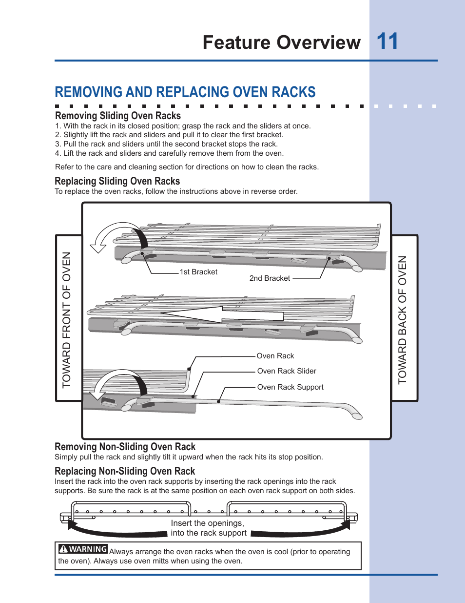 Feature overview, Removing and replacing oven racks | Electrolux EW30DS65GS User Manual | Page 11 / 52