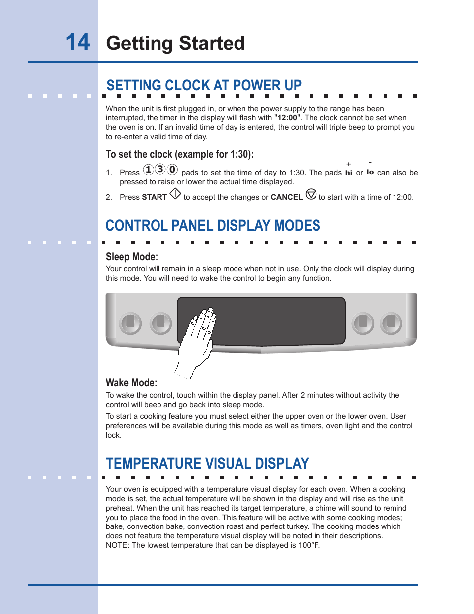 Getting started, Temperature visual display | Electrolux EW30DS65GS User Manual | Page 14 / 52