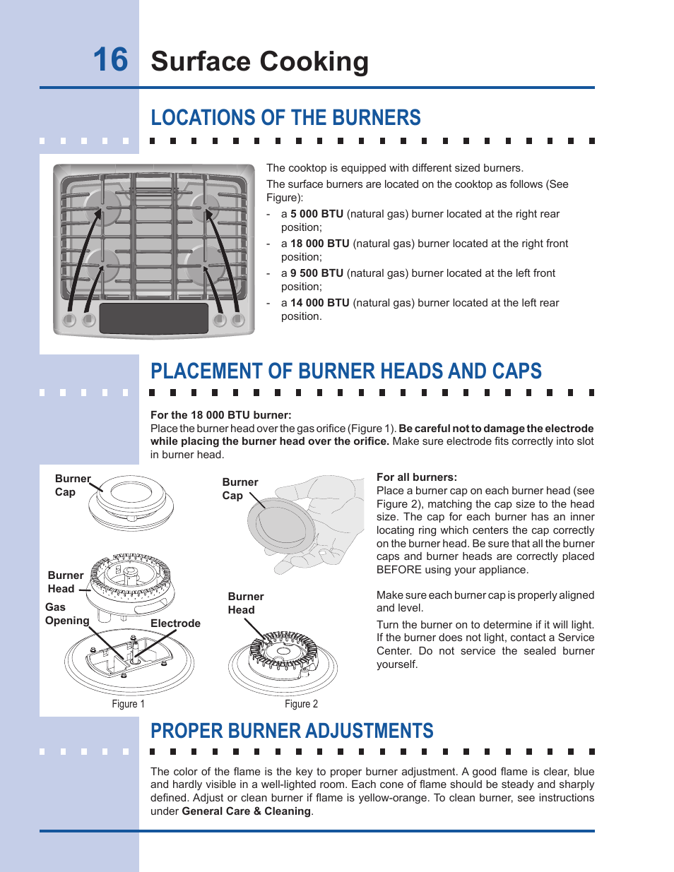 Surface cooking, Proper burner adjustments | Electrolux EW30DS65GS User Manual | Page 16 / 52