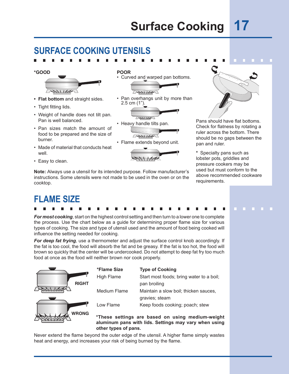 Surface cooking, Surface cooking utensils flame size | Electrolux EW30DS65GS User Manual | Page 17 / 52