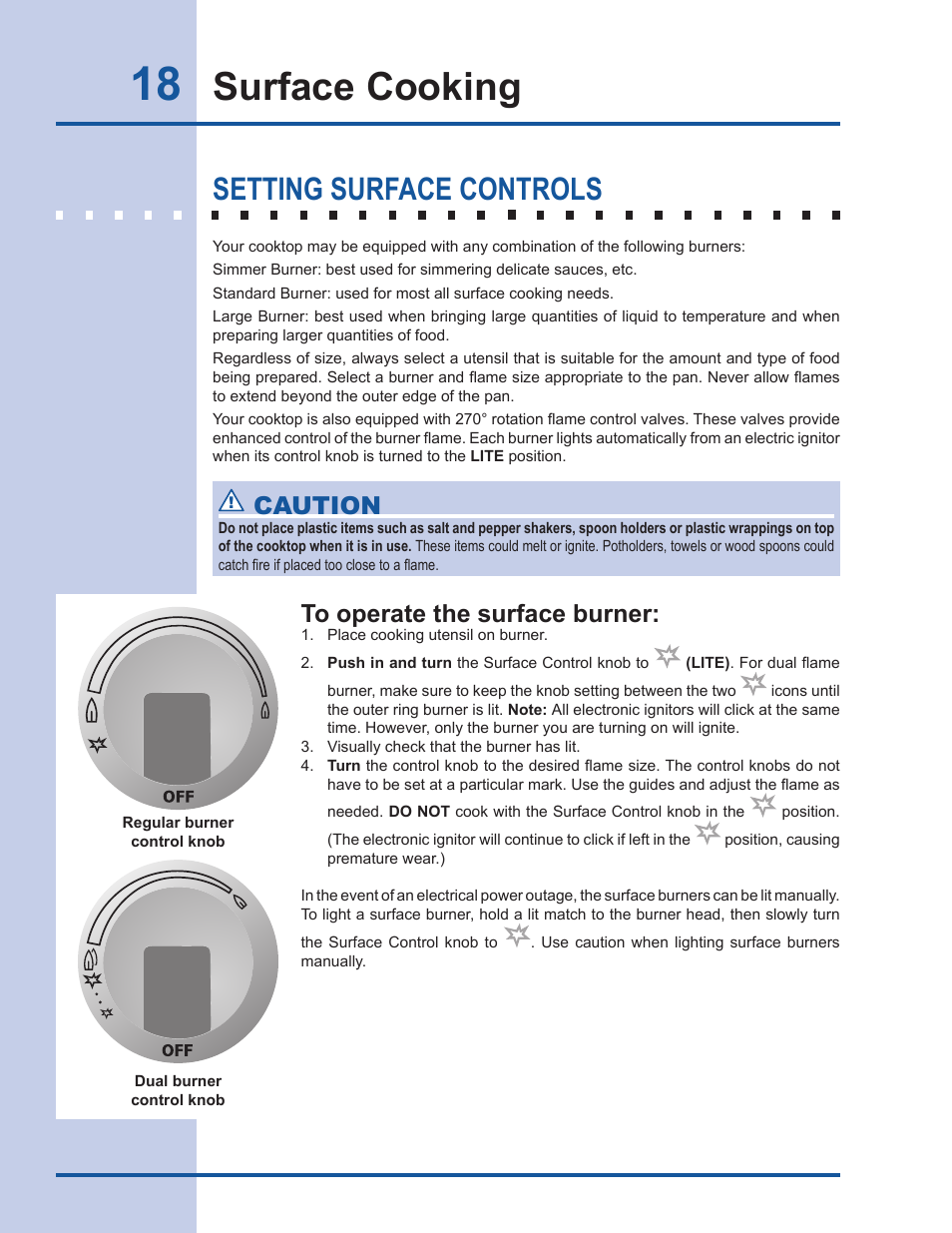 Surface cooking, Setting surface controls, Caution | Electrolux EW30DS65GS User Manual | Page 18 / 52