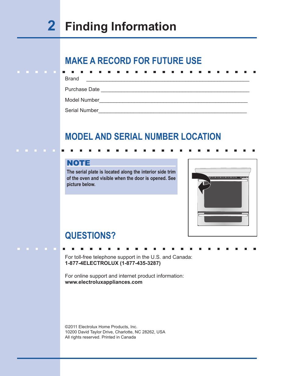 Finding information, Make a record for future use, Model and serial number location questions | Electrolux EW30DS65GS User Manual | Page 2 / 52