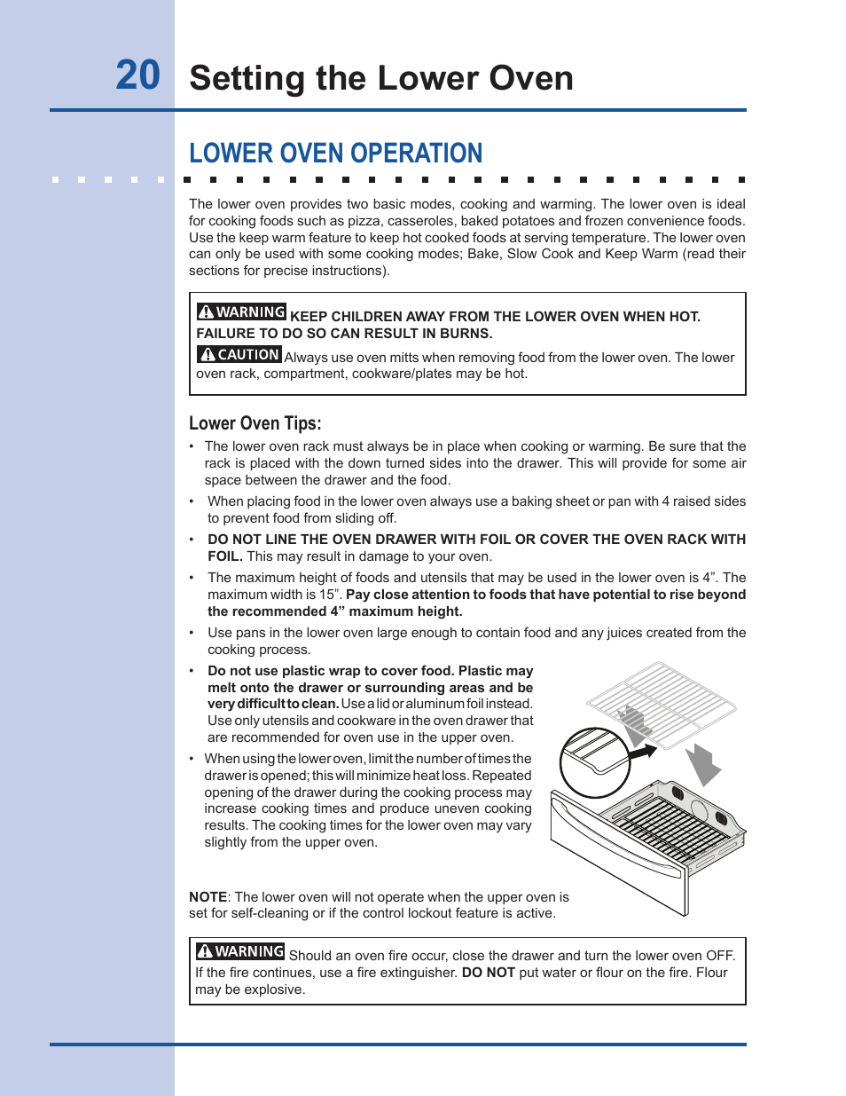 Setting the lower oven, Lower oven operation, Lower oven tips | Electrolux EW30DS65GS User Manual | Page 20 / 52