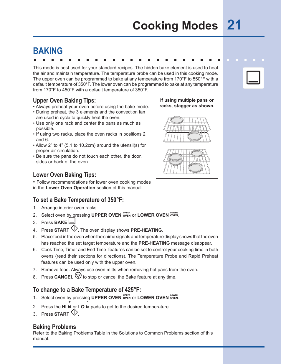 Cooking modes, Baking, Upper oven baking tips | Baking problems, Lower oven baking tips | Electrolux EW30DS65GS User Manual | Page 21 / 52
