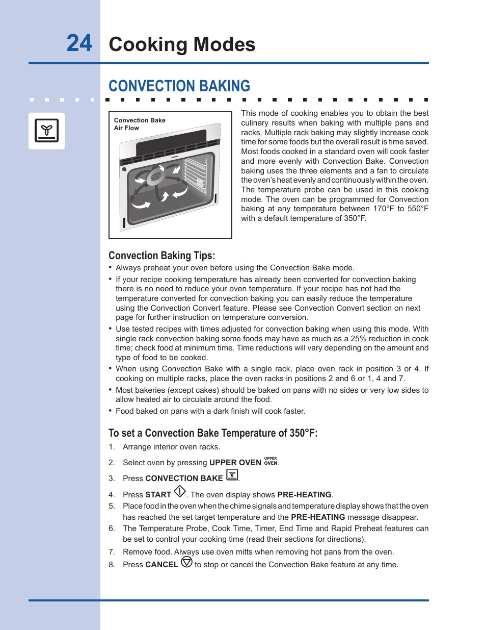 Cooking modes, Convection baking, Convection baking tips | Electrolux EW30DS65GS User Manual | Page 24 / 52