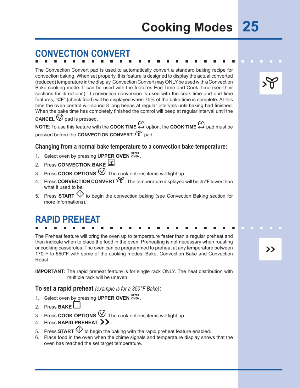 Cooking modes, Convection convert, Rapid preheat | Electrolux EW30DS65GS User Manual | Page 25 / 52