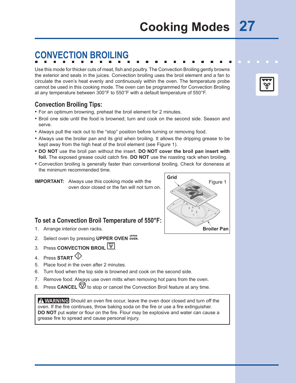 Cooking modes, Convection broiling, Convection broiling tips | Electrolux EW30DS65GS User Manual | Page 27 / 52