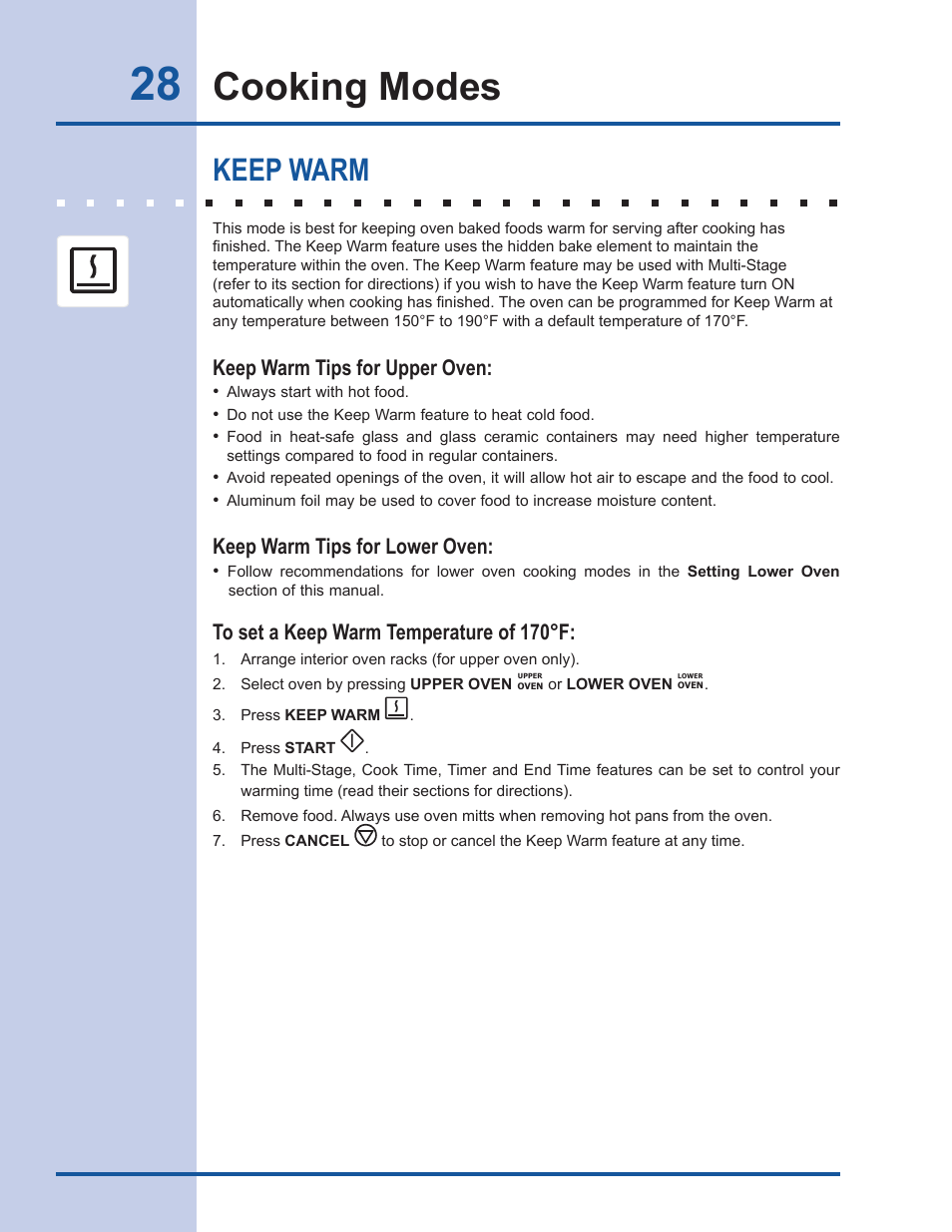 Cooking modes, Keep warm, Keep warm tips for upper oven | Keep warm tips for lower oven | Electrolux EW30DS65GS User Manual | Page 28 / 52