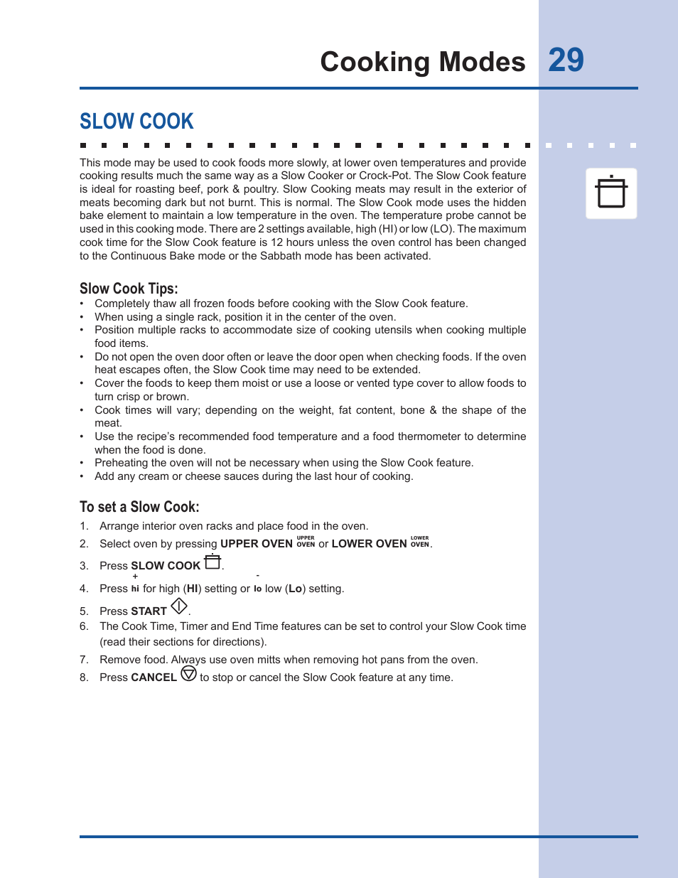 Cooking modes, Slow cook, Slow cook tips | Electrolux EW30DS65GS User Manual | Page 29 / 52