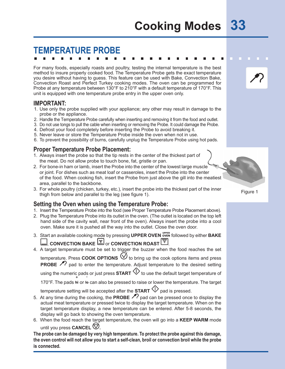 Cooking modes, Temperature probe, Important | Proper temperature probe placement, Setting the oven when using the temperature probe | Electrolux EW30DS65GS User Manual | Page 33 / 52