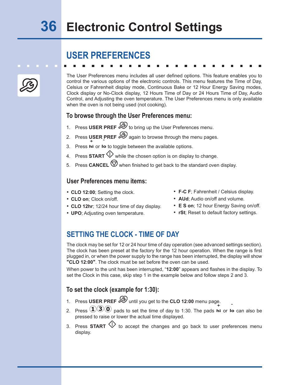Electronic control settings, User preferences, Setting the clock - time of day | User preferences menu items | Electrolux EW30DS65GS User Manual | Page 36 / 52