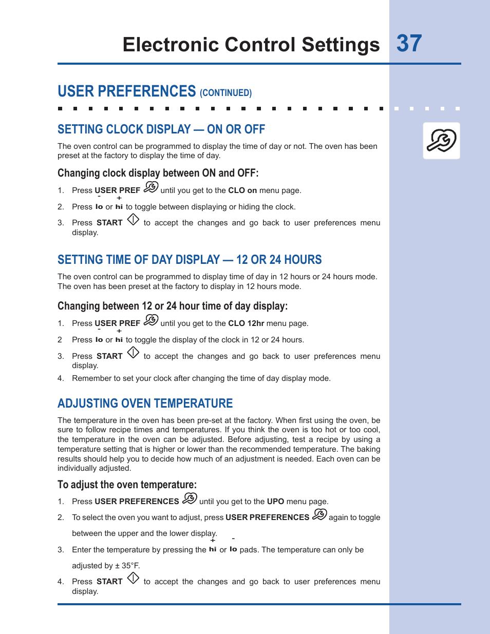 Electronic control settings, User preferences, Adjusting oven temperature | Setting time of day display — 12 or 24 hours, Setting clock display — on or off, Changing between 12 or 24 hour time of day display, Changing clock display between on and off | Electrolux EW30DS65GS User Manual | Page 37 / 52