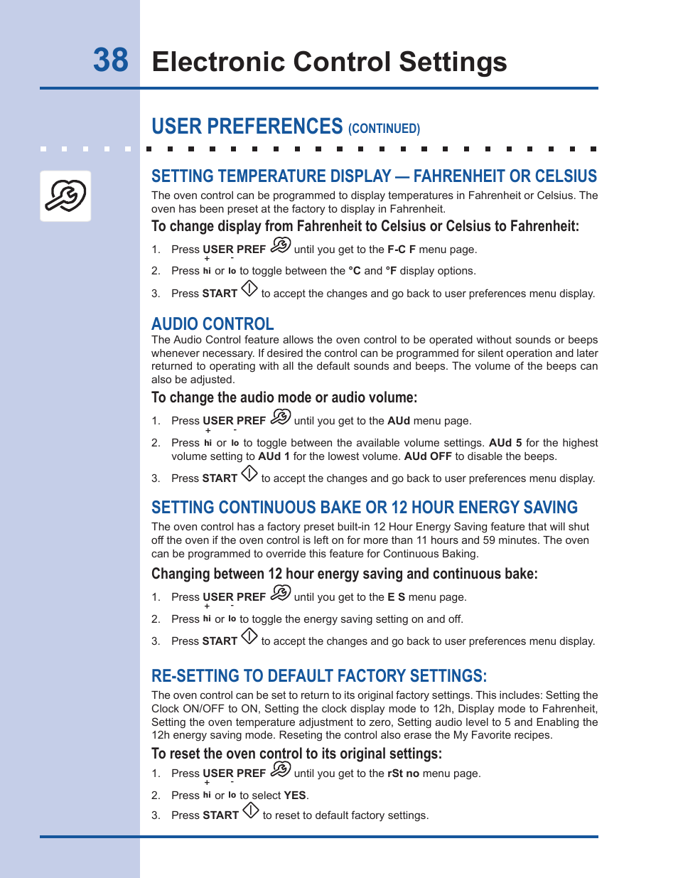 Electronic control settings, User preferences, Setting continuous bake or 12 hour energy saving | Re-setting to default factory settings, Audio control | Electrolux EW30DS65GS User Manual | Page 38 / 52