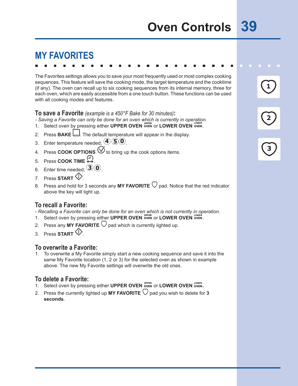 Oven controls, My favorites | Electrolux EW30DS65GS User Manual | Page 39 / 52