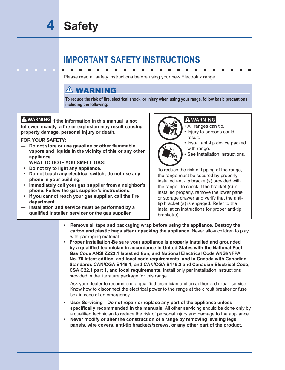 Safety, Important safety instructions, Warning | Electrolux EW30DS65GS User Manual | Page 4 / 52