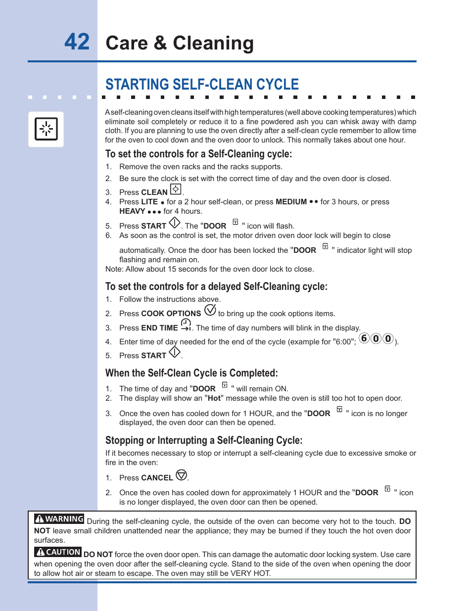 Care & cleaning, Starting self-clean cycle, When the self-clean cycle is completed | Stopping or interrupting a self-cleaning cycle | Electrolux EW30DS65GS User Manual | Page 42 / 52