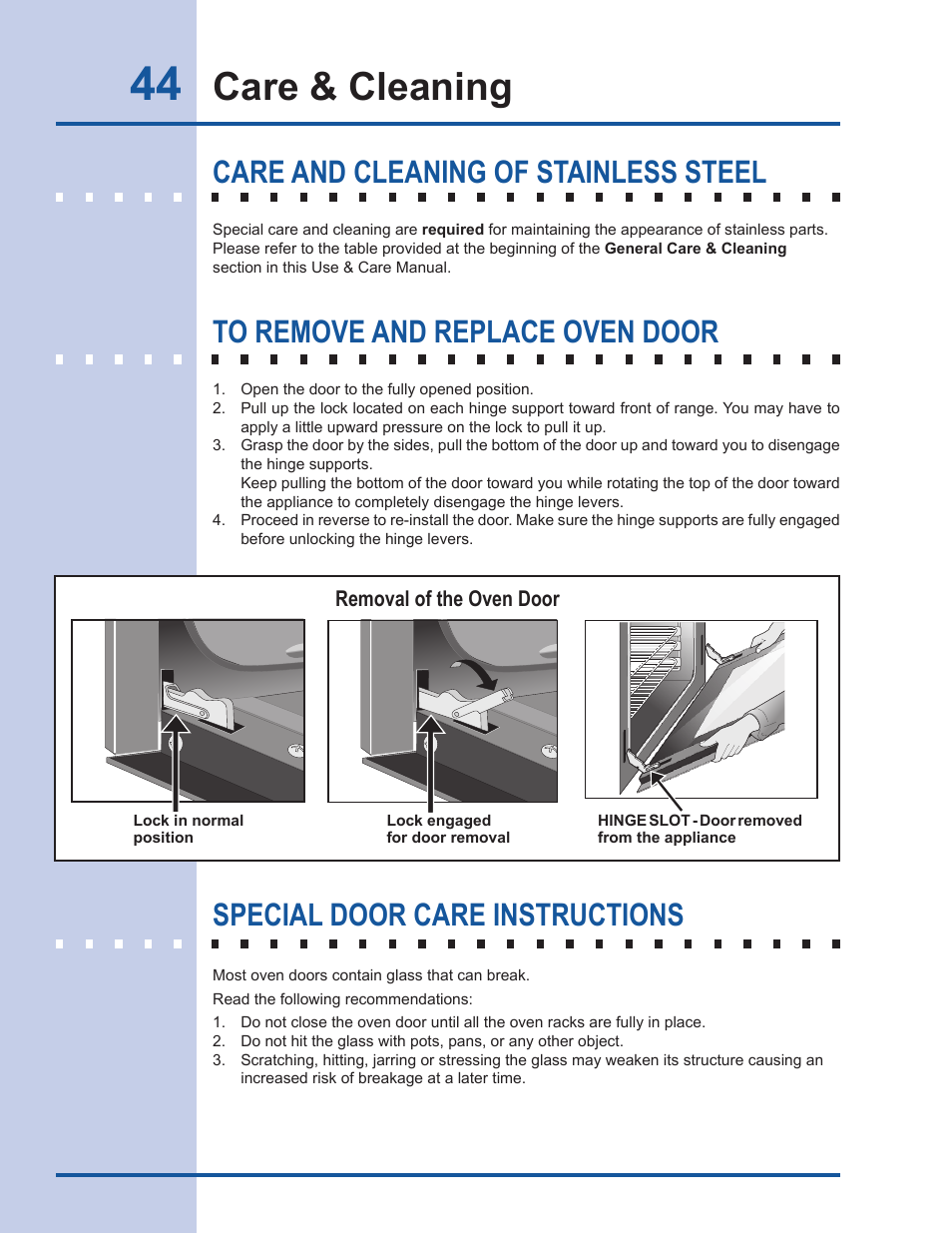 Care & cleaning, Special door care instructions, Care and cleaning of stainless steel | Electrolux EW30DS65GS User Manual | Page 44 / 52