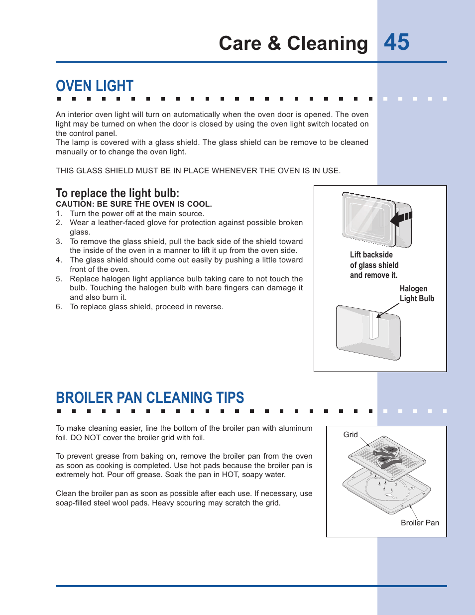 Care & cleaning, Oven light, Broiler pan cleaning tips | Electrolux EW30DS65GS User Manual | Page 45 / 52