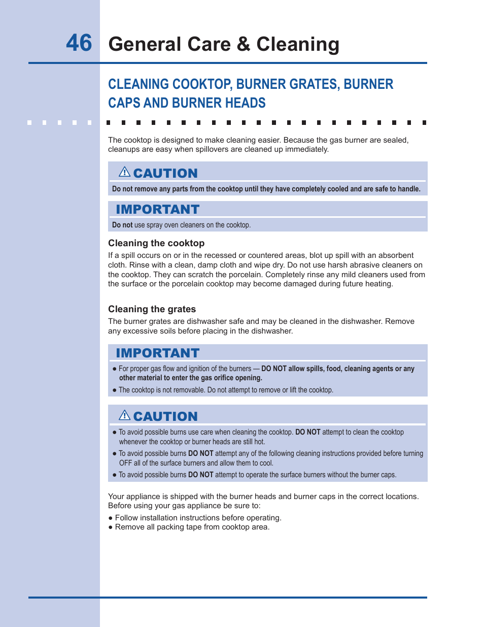 General care & cleaning, Caution, Important | Electrolux EW30DS65GS User Manual | Page 46 / 52