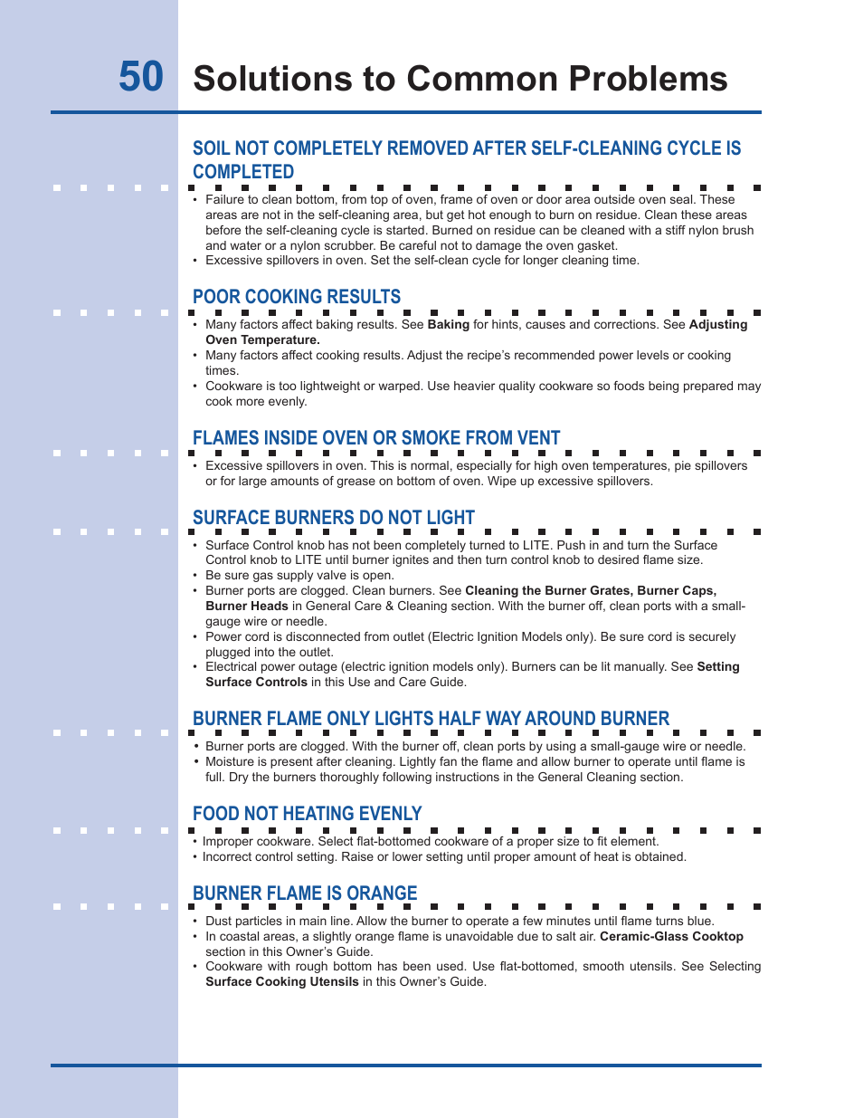 Solutions to common problems, Poor cooking results, Flames inside oven or smoke from vent | Surface burners do not light, Burner flame only lights half way around burner, Food not heating evenly, Burner flame is orange | Electrolux EW30DS65GS User Manual | Page 50 / 52