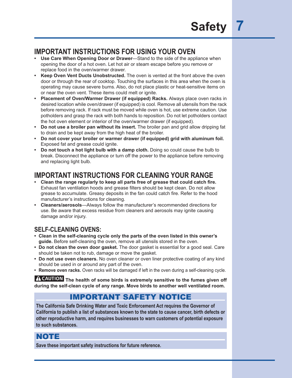 Safety, Important instructions for using your oven, Important instructions for cleaning your range | Important safety notice, Self-cleaning ovens | Electrolux EW30DS65GS User Manual | Page 7 / 52