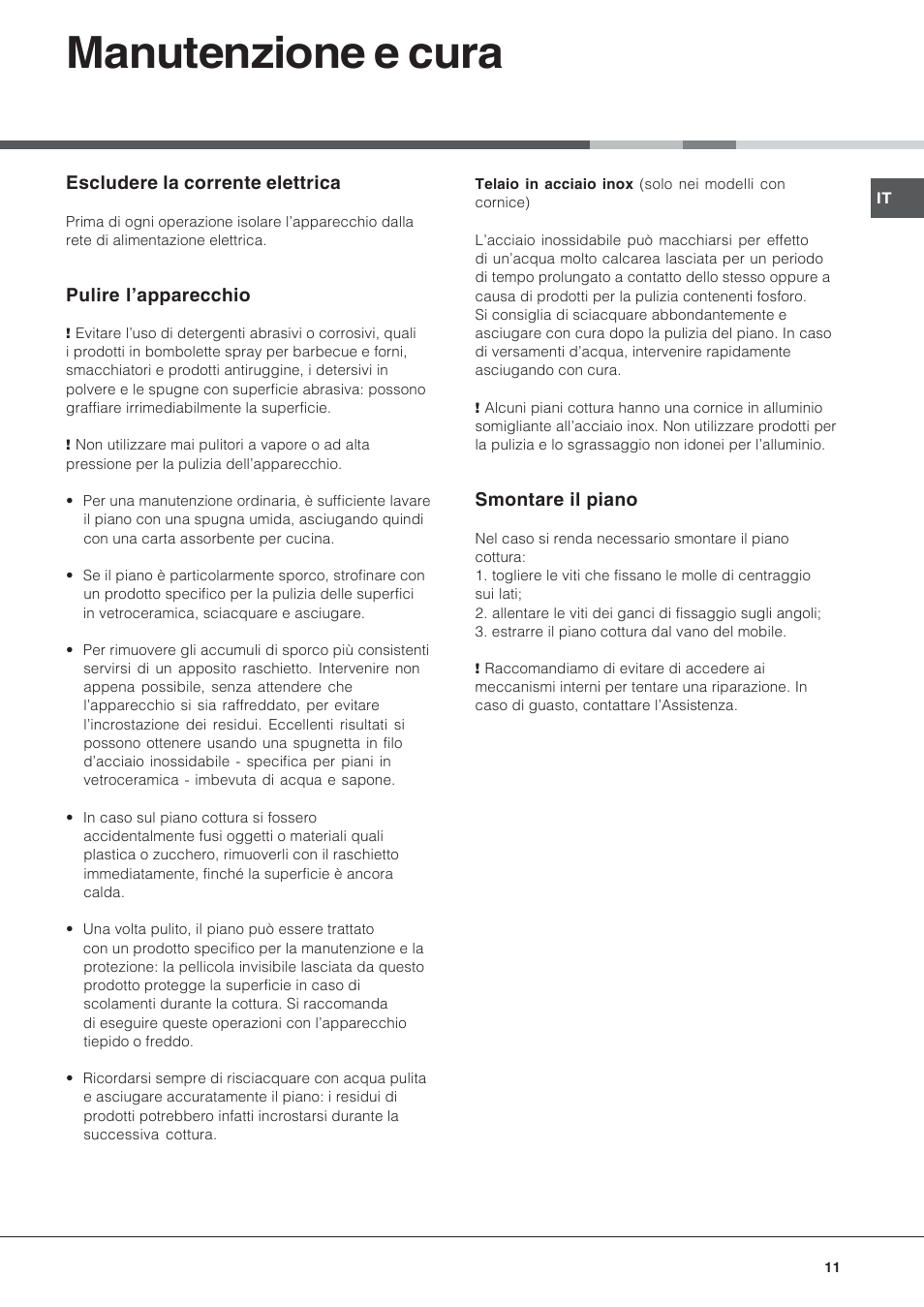 Manutenzione e cura | Hotpoint Ariston KIC 740 B IT User Manual | Page 11 / 52