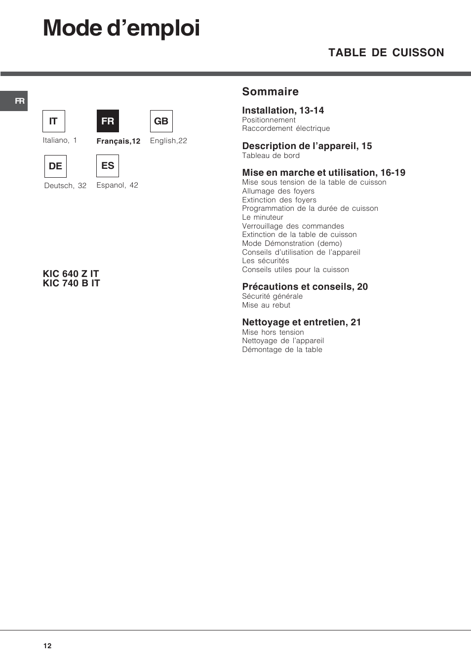 Mode d’emploi, Sommaire, Table de cuisson | Hotpoint Ariston KIC 740 B IT User Manual | Page 12 / 52