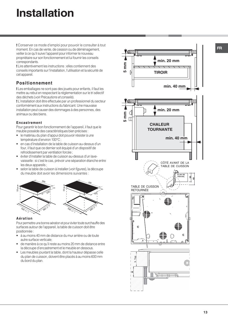 Installation, Positionnement | Hotpoint Ariston KIC 740 B IT User Manual | Page 13 / 52