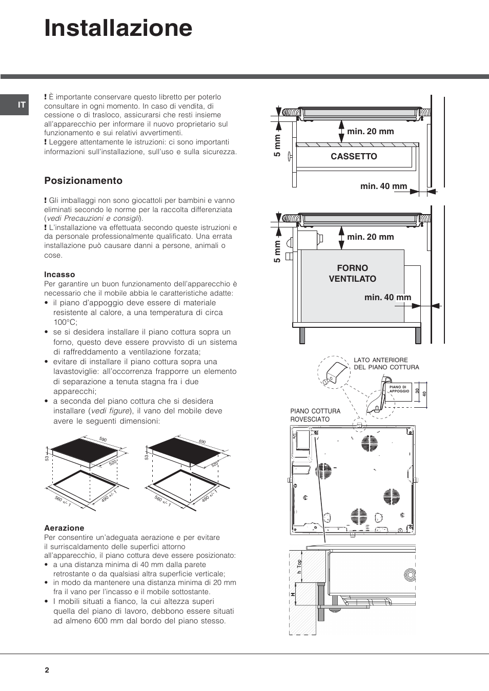 Installazione, Posizionamento | Hotpoint Ariston KIC 740 B IT User Manual | Page 2 / 52