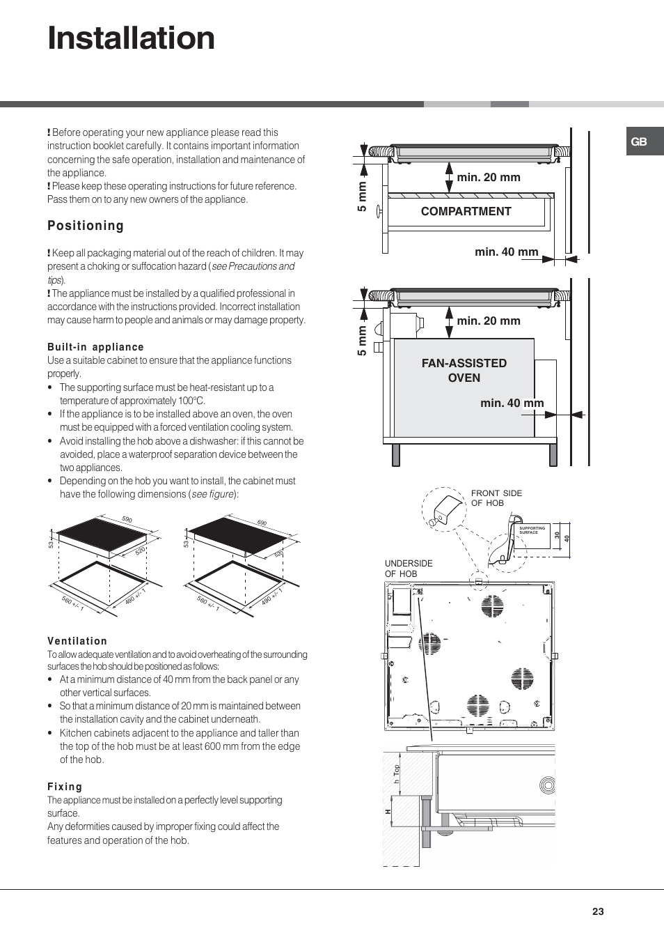 Installation, Positioning | Hotpoint Ariston KIC 740 B IT User Manual | Page 23 / 52