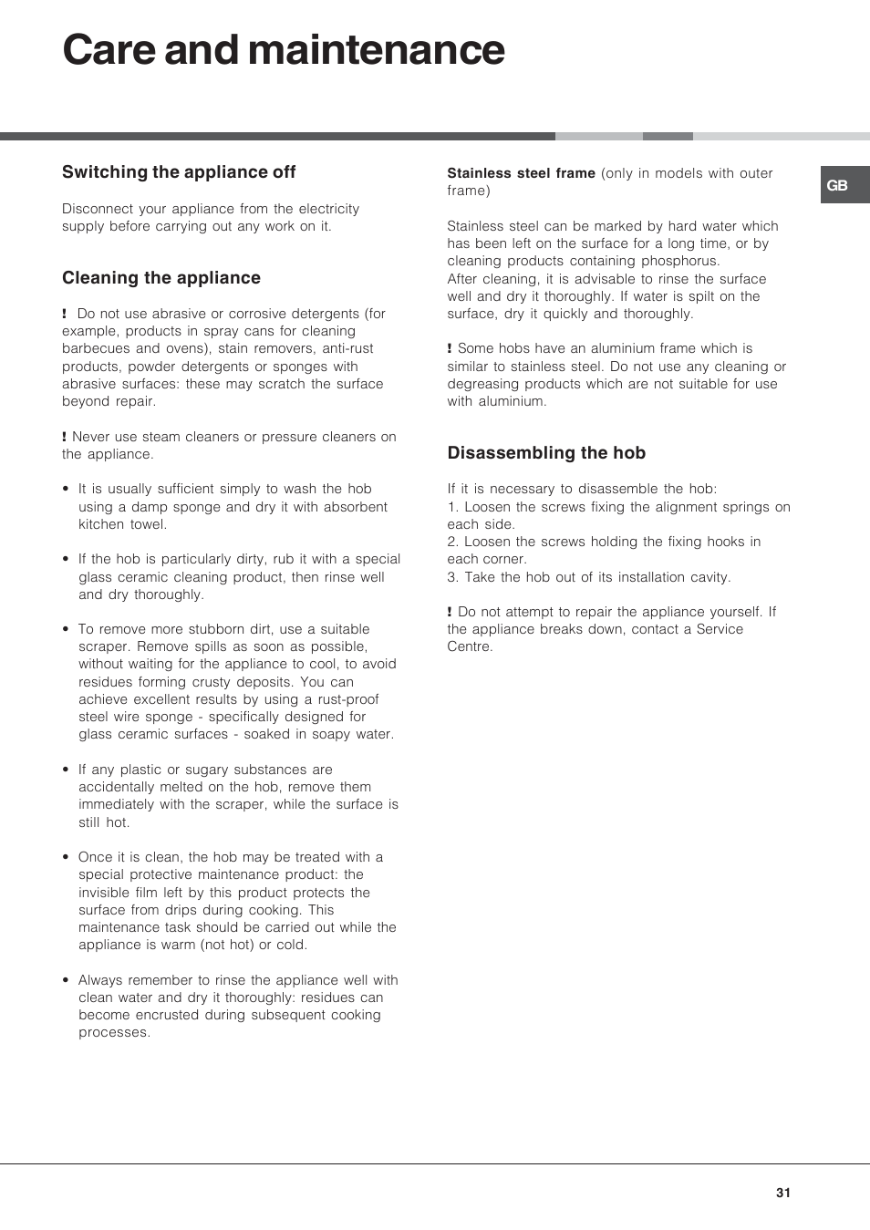 Care and maintenance | Hotpoint Ariston KIC 740 B IT User Manual | Page 31 / 52