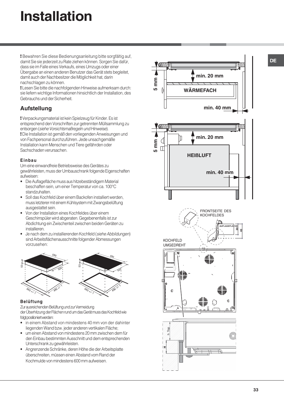 Installation, Aufstellung | Hotpoint Ariston KIC 740 B IT User Manual | Page 33 / 52