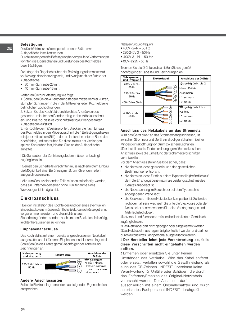 Elektroanschluss | Hotpoint Ariston KIC 740 B IT User Manual | Page 34 / 52