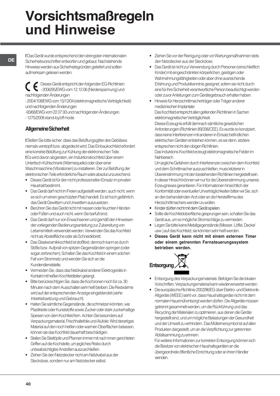 Vorsichtsmaßregeln und hinweise | Hotpoint Ariston KIC 740 B IT User Manual | Page 40 / 52