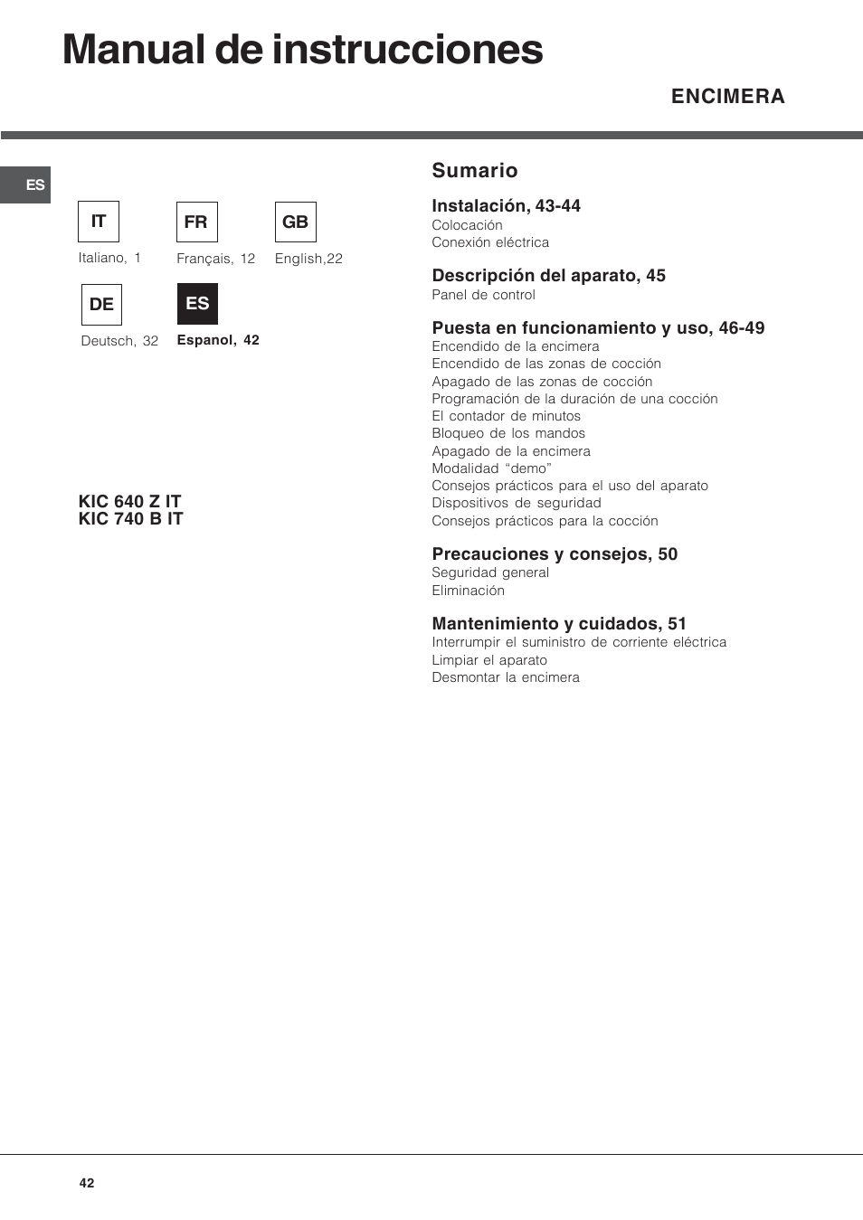 Manual de instrucciones, Sumario, Encimera | Hotpoint Ariston KIC 740 B IT User Manual | Page 42 / 52