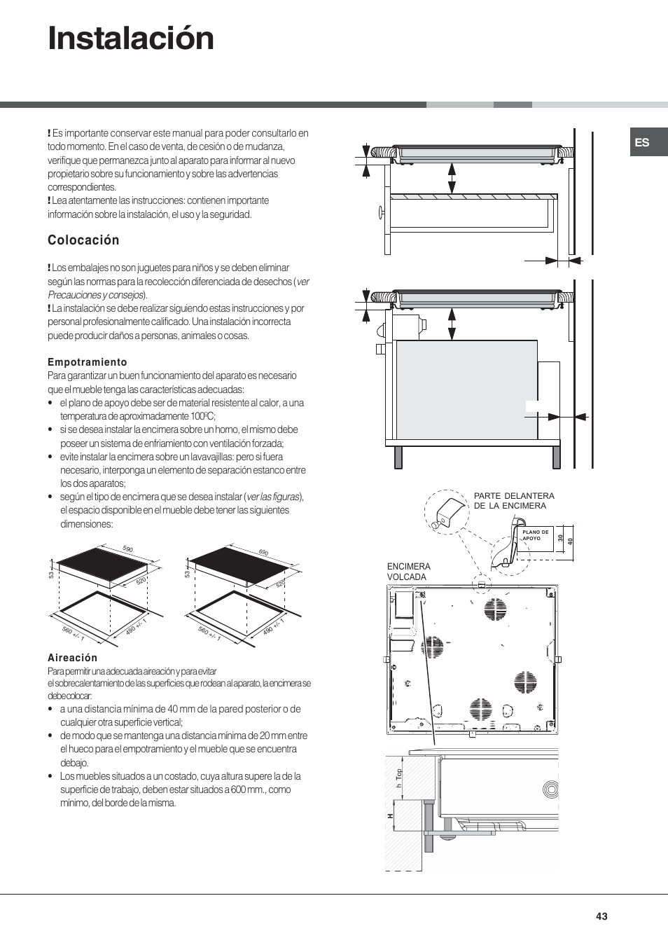 Instalación, Colocación | Hotpoint Ariston KIC 740 B IT User Manual | Page 43 / 52