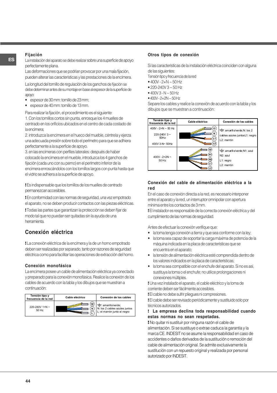 Conexión eléctrica | Hotpoint Ariston KIC 740 B IT User Manual | Page 44 / 52