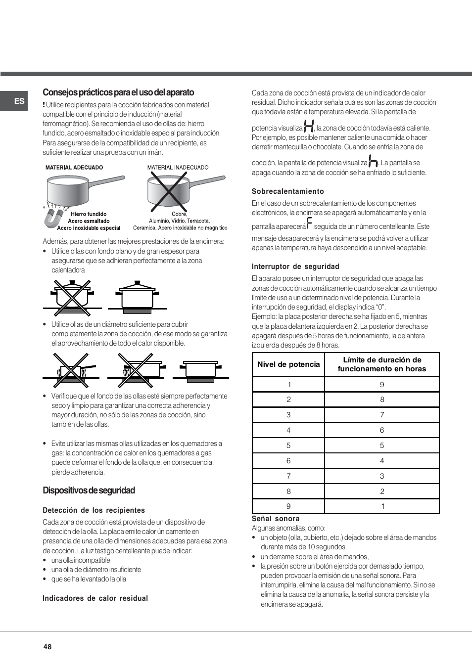 Consejos prácticos para el uso del aparato, Dispositivos de seguridad | Hotpoint Ariston KIC 740 B IT User Manual | Page 48 / 52