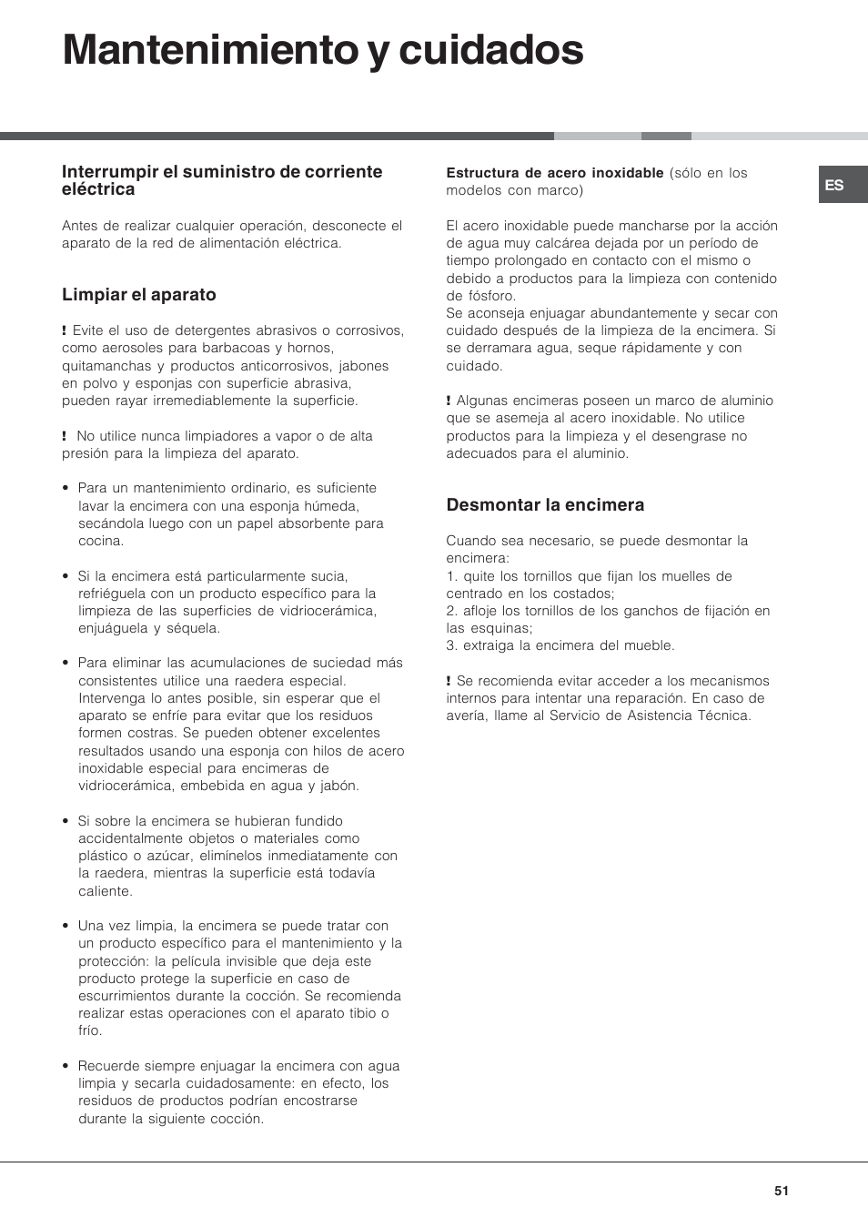 Mantenimiento y cuidados | Hotpoint Ariston KIC 740 B IT User Manual | Page 51 / 52