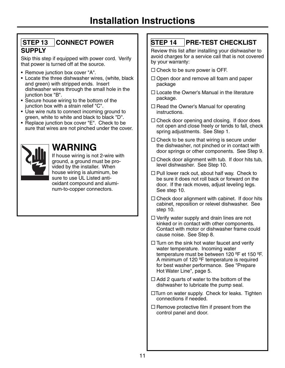 Installation instructions, Warning | Electrolux EIDW1805KS User Manual | Page 11 / 12