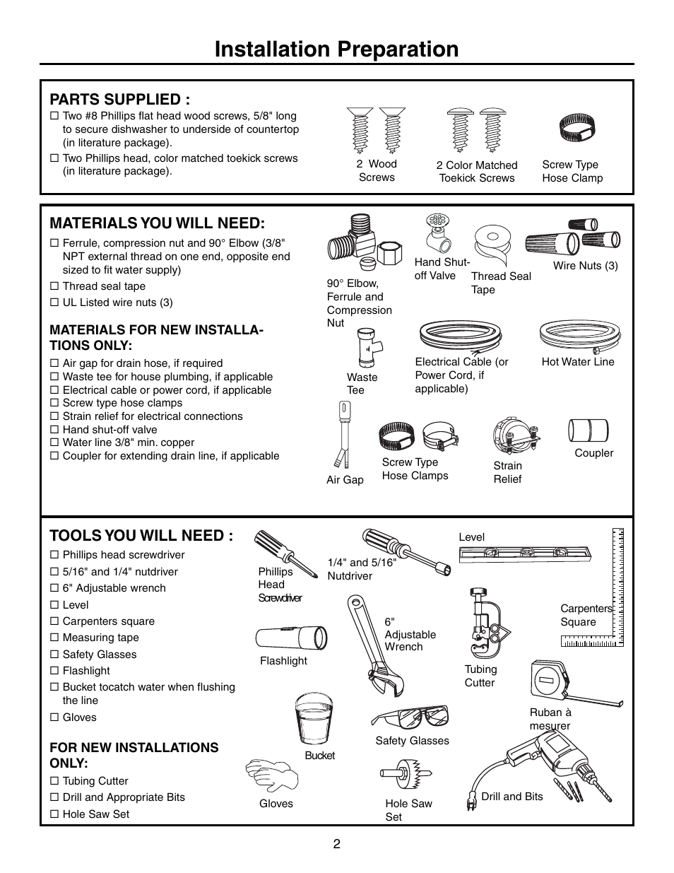 Installation preparation, Tools you will need, Parts supplied | Materials you will need | Electrolux EIDW1805KS User Manual | Page 2 / 12