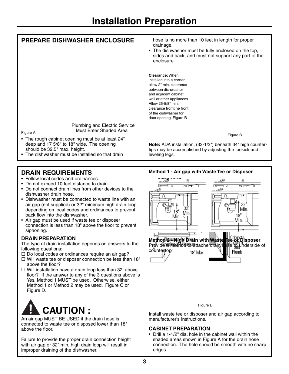 Installation preparation, Caution, Prepare dishwasher enclosure | Drain requirements | Electrolux EIDW1805KS User Manual | Page 3 / 12